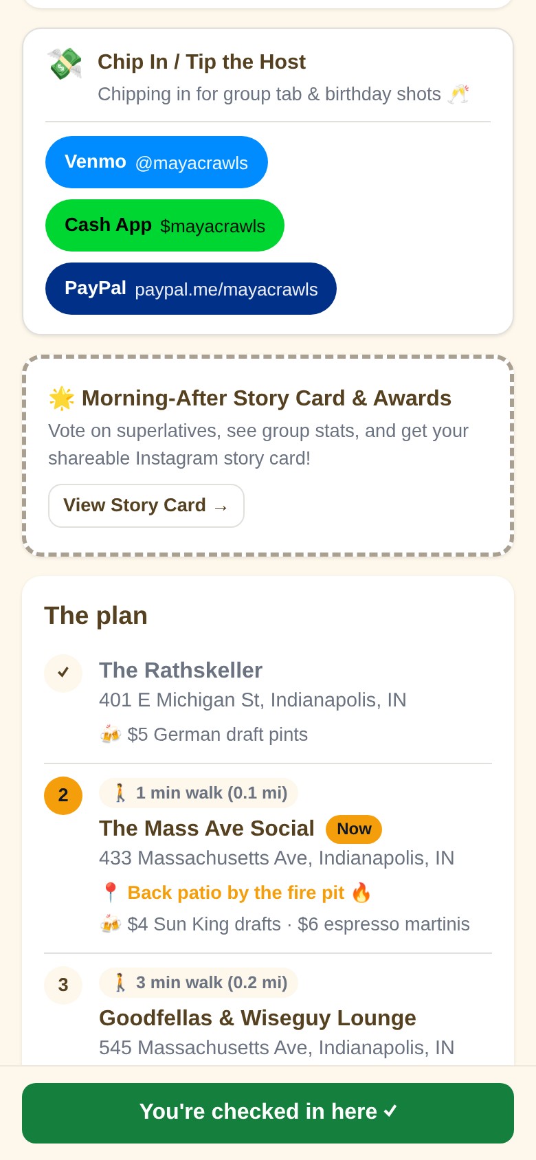 Chip In / Tip the Host payment card showing 1-tap Venmo (@mayacrawls), Cash App ($mayacrawls), and PayPal buttons with tab note, plus Morning-After Story Card and route plan.
