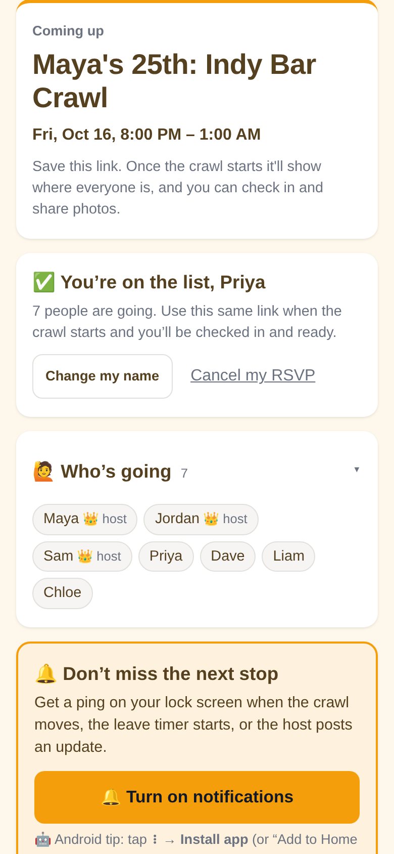 Coming-up page for Maya's 25th: Indy Bar Crawl, two days out, showing You're on the list, Priya, and an opened Who's going card listing seven names with the host and co-hosts marked with a crown.