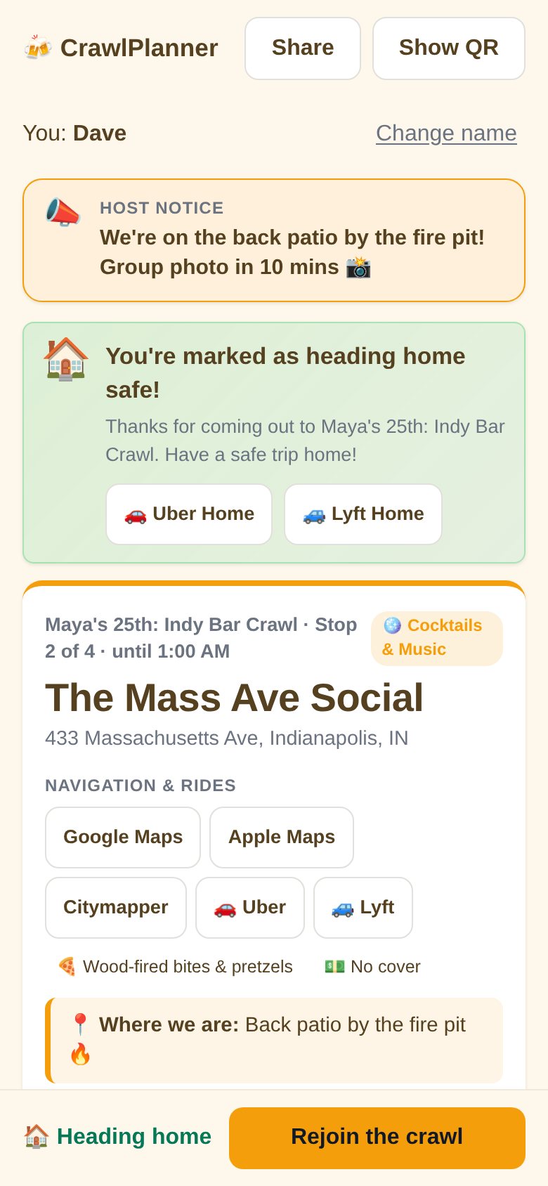 Confirmation card after tapping Irish Exit saying You're marked as heading home safe, with Uber Home and Lyft Home buttons and a link to rejoin the crawl.