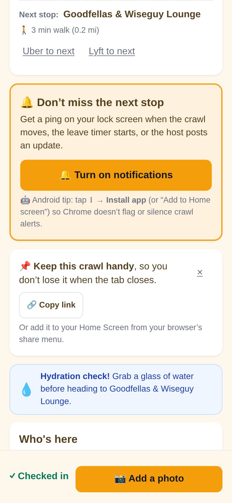 Guest page with a Turn on notifications card that explains lock-screen alerts for the next stop, leave timers, and host updates, plus a Keep this crawl handy card with a Copy link button and a hydration reminder.