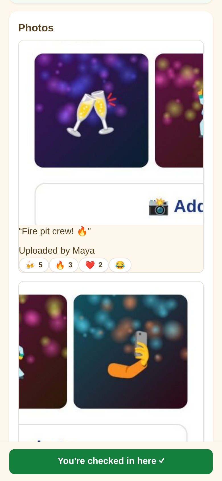 Photo feed showing photo with caption 'Fire pit crew! 🔥', uploader Maya, and active emoji reactions (cheers 5, fire 3, heart 2).