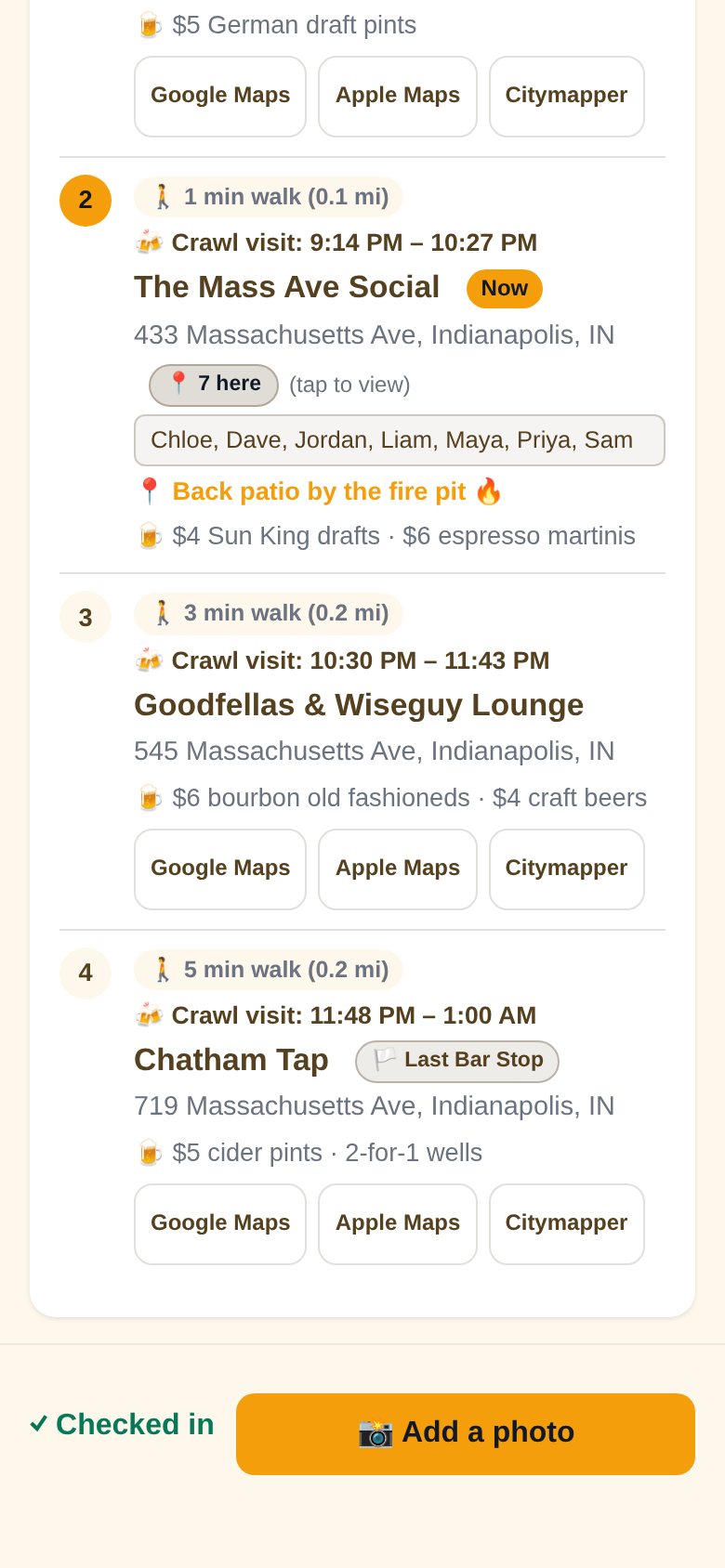The plan list of all four stops with walking times, crawl visit times, drink specials, and a 7 here badge on the current stop expanded to show the names of who is there.