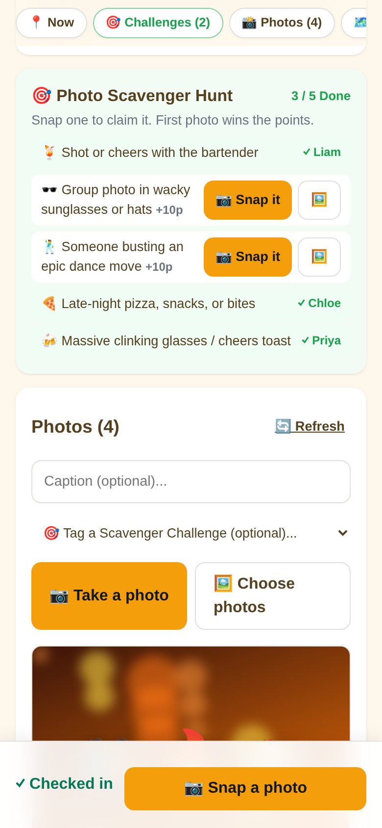 Photo scavenger hunt card showing 3 of 5 done, with completed challenges claimed by Liam, Chloe and Priya, and a Snap it camera button and a photo library button next to each open challenge.