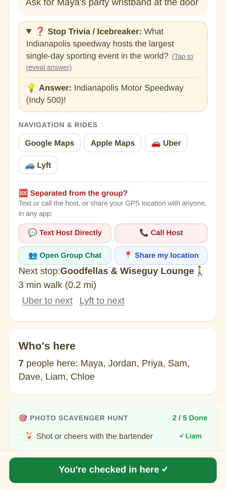 Venue intel view with trivia icebreaker, Uber and Lyft rides, and the Lost SOS panel with buttons to text or call the host, open the group chat, or share your GPS location to any app.