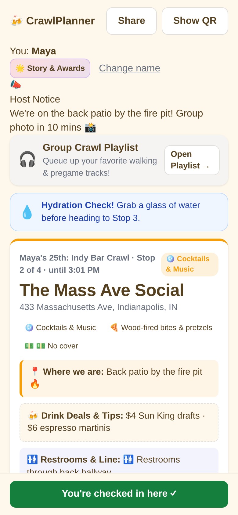 Guest view of Maya's 25th: Indy Bar Crawl, showing stop 2 of 4, The Mass Ave Social, with host announcement, countdown timer, Spotify playlist, hydration banner, and drink deals.