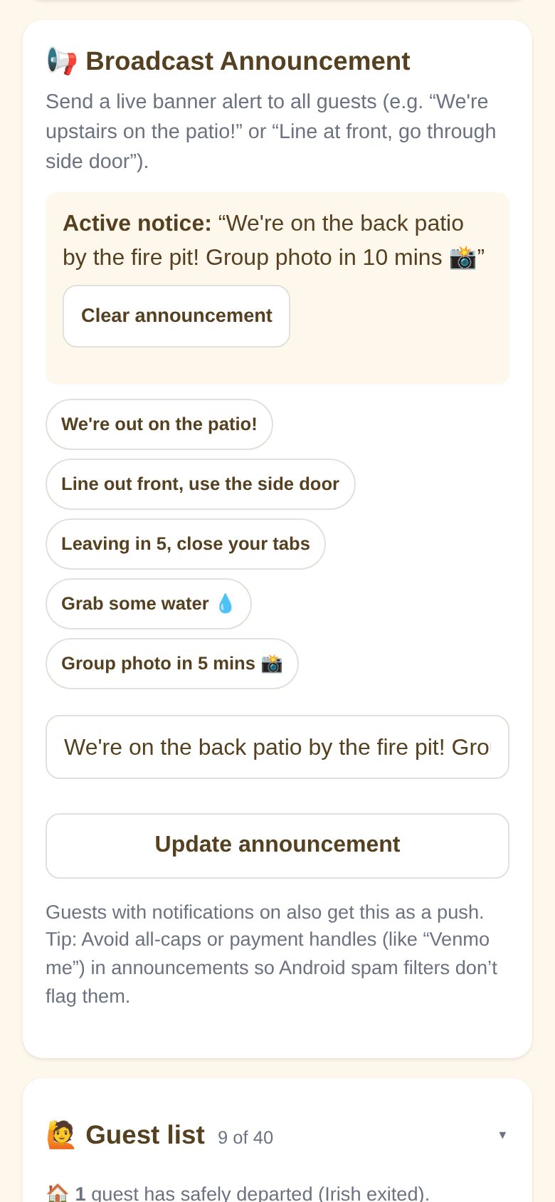 Broadcast Announcement card with an active notice and one-tap preset messages like We're out on the patio and Leaving in 5, close your tabs.