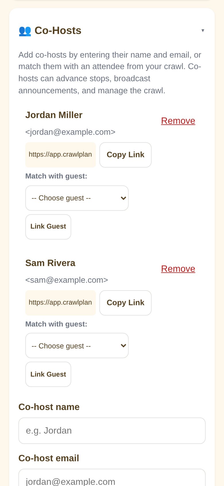 Co-Hosts card with two invited co-hosts, copy-link buttons, an option to match each with a guest, and a form to add another co-host.