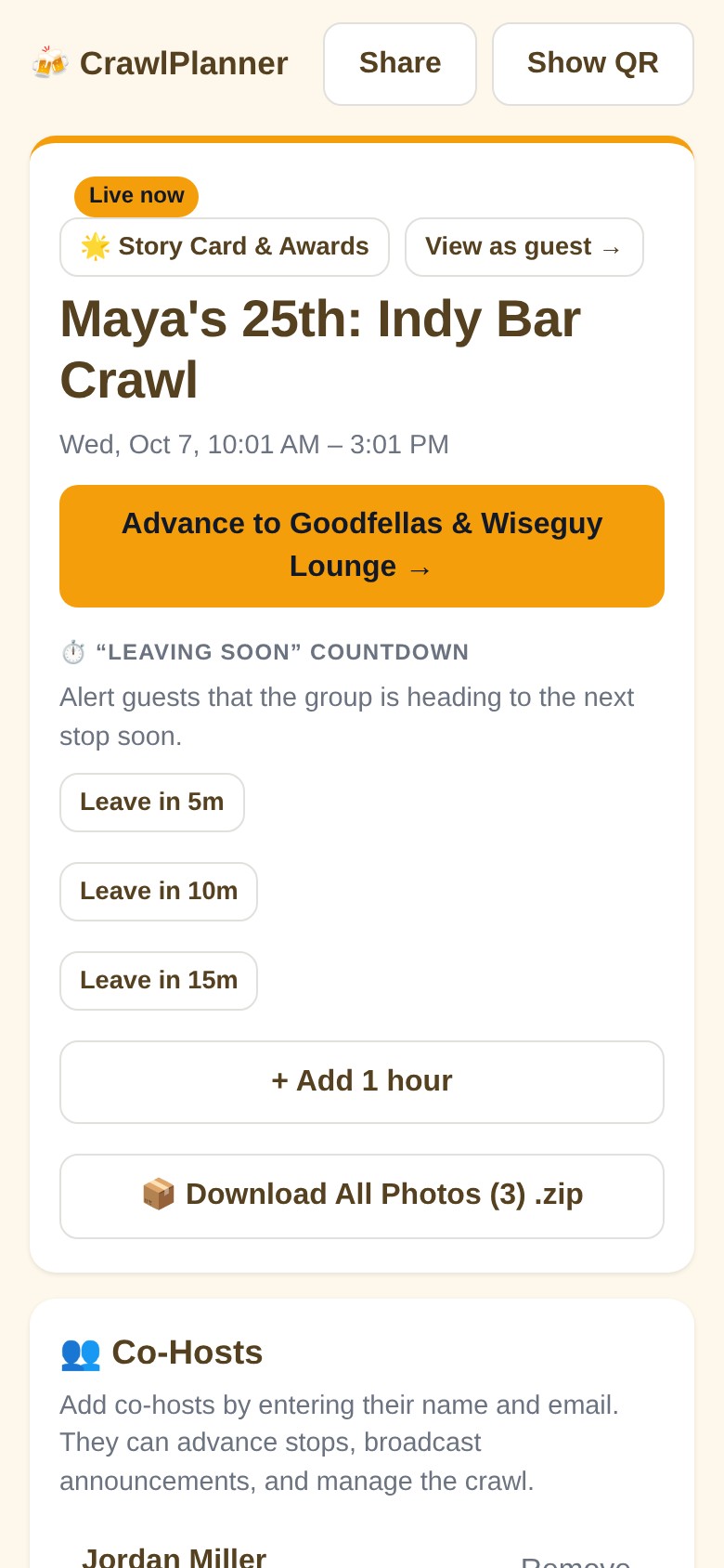 Host dashboard with advance button, leaving soon countdown alert, broadcast announcements, and co-host invite links.
