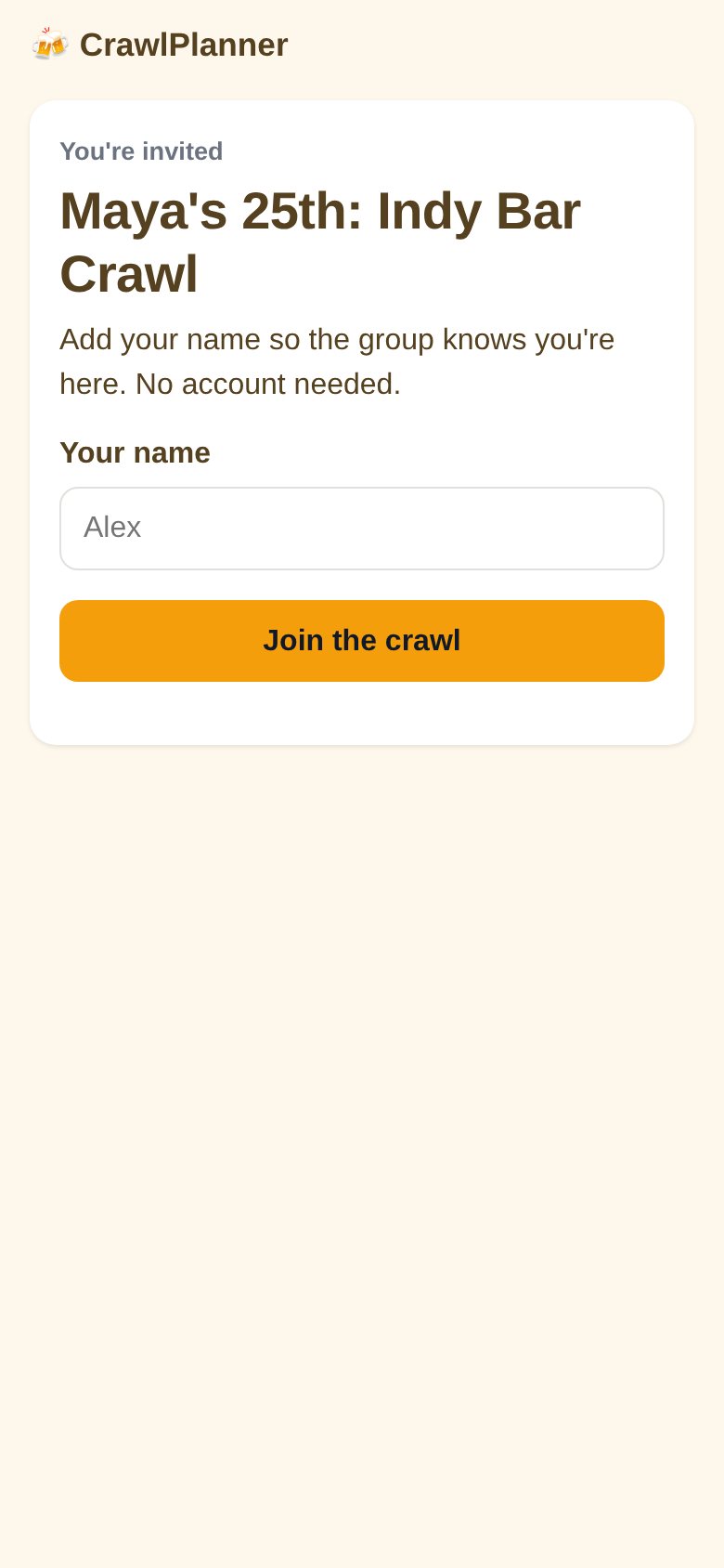 Join screen for Maya's 25th: Indy Bar Crawl asking for a name, with a Join the crawl button and no account needed.